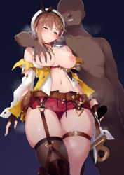 1boy 1girl absurdres atelier_(series) atelier_ryza atelier_ryza_2 beret black_ribbon black_thighhighs blouse blush breasts brown_eyes brown_hair censored commentary_request dark-skinned_male dark_skin from_below garter_straps hair_ornament hand_on_another&#039;s_chest hat hetero highres jewelry key large_breasts nanahara_fuyuki navel necklace nipples open_clothes open_mouth open_shirt penis reisalin_stout ribbon shirt short_hair skindentation sleeveless sleeveless_shirt sweat thigh_strap thighhighs thighs white_headwear white_shirt rating:Explicit score:104 user:danbooru