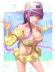 1girl bare_shoulders baseball_cap bb_(fate) bb_(fate)_(all) bb_(swimsuit_mooncancer)_(fate) bb_(swimsuit_mooncancer)_(first_ascension)_(fate) bikini bikini_top_only braid breasts cleavage collarbone cropped_jacket fate/grand_order fate_(series) hand_gesture hat hat_ornament highres jacket janoukyo19 large_breasts long_braid long_hair long_sleeves looking_at_viewer navel off_shoulder one_eye_closed open_mouth purple_eyes purple_hair sideways_hat single_braid skirt smile solo star_(symbol) star_hat_ornament swimsuit thighs v very_long_hair w white_bikini white_white yellow_jacket yellow_skirt 