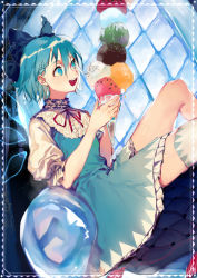 1girl blue_dress blue_eyes blue_hair bow cirno dress dutch_angle food hair_bow ice ice_cream ice_cream_cone ice_wings matching_hair/eyes open_mouth puffy_short_sleeves puffy_sleeves shirt short_sleeves single_thighhigh sitting smile solo thighhighs tian_(my_dear) touhou wings rating:Sensitive score:1 user:danbooru