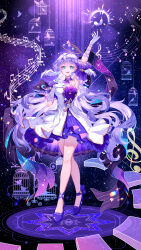  1girl absurdres aqua_eyes arm_up armpits asymmetrical_gloves bead_bracelet beads birdcage bracelet cage detached_sleeves dress facial_mark floating_hair full_body gloves hair_between_eyes halo hand_on_own_chest head_wings high_heels highres honkai:_star_rail honkai_(series) jewelry long_hair looking_at_viewer musical_note open_mouth purple_dress purple_footwear purple_hair robin_(honkai:_star_rail) short_sleeves smile standing two-tone_dress uneven_gloves viclim-monou white_dress white_gloves white_wings wings 