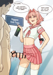  2boys absurdres astolfo_(fate) astolfo_(sailor_paladin)_(fate) astolfo_monster_cosplay_(meme) bar_censor can censored crop_top english_text fang fate/apocrypha fate/grand_order fate_(series) hair_intakes highres holding holding_can huge_penis josou_seme long_hair male_focus meme midriff monster_energy multiple_boys navel neckerchief official_alternate_costume open_mouth penis penis_size_difference penises_touching pink_hair pink_skirt pleated_skirt purple_eyes school_uniform serafuku short_sleeves skin_fang skirt small_penis small_penis_humiliation speech_bubble sulcate testicles thighhighs trap white_thighhighs yaoi  rating:Explicit score:222 user:danbooru