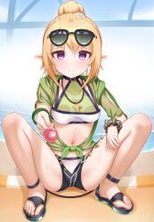  1girl absurdres anklet bikini bikini_under_clothes blonde_hair bracelet breasts candy chloe_(princess_connect!) chloe_(winter)_(princess_connect!) closed_mouth eyewear_on_head eyewear_on_headwear feet food gplnbeat green_bracelet highres holding holding_candy holding_food holding_lollipop jewelry lollipop looking_at_viewer medium_breasts medium_hair navel necklace open_clothes open_shorts pointy_ears ponytail princess_connect! purple_eyes sandals scrunchie shorts smile solo spread_legs squatting star_(symbol) star_necklace sunglasses swimsuit thighs translucent white_bikini wrist_scrunchie 