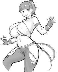  1girl breasts christie_monteiro christie_monteiro_(cosplay) cosplay erkaz fingerless_gloves gloves greyscale halterneck highres huge_breasts looking_at_viewer midriff monochrome original pants ponytail rina_atherina smile standing tekken thighs torn_clothes torn_pants underboob 