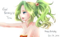  1990s_(style) 1girl bare_shoulders breasts female_focus final_fantasy final_fantasy_vi ginshachi ginshachiko green_hair long_hair open_mouth ponytail purple_eyes solo tina_branford white_background 