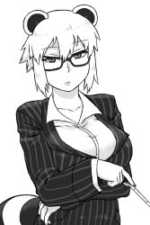 1girl animal_ears araiguma-san bespectacled breasts expressionless formal glasses greyscale huge_breasts large_breasts monochrome original pinstripe_pattern pinstripe_suit pointer raccoon_ears raccoon_tail short_hair simple_background solo standing striped suit tail teacher tsukudani_(coke-buta) white_background rating:Sensitive score:16 user:BlueBaroness