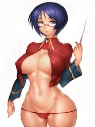  1girl amelia_(quiz_magic_academy) areola_slip blue_eyes blue_hair breasts cameltoe covered_erect_nipples curvy fumio_(rsqkr) glasses hip_focus large_breasts looking_at_viewer navel quiz_magic_academy red-framed_eyewear short_hair simple_background skindentation solo thick_thighs thighs wand white_background wide_hips  rating:Questionable score:44 user:danbooru