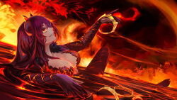  1girl breasts cleavage crown dola_(nijisanji) dragon_girl dragon_horns grin highres holding holding_crown horns knee_up kuro_dora large_breasts lava long_hair looking_up nijisanji outstretched_arm partially_submerged red_eyes red_hair red_scarf red_theme scarf smile solo virtual_youtuber 