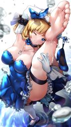 1girl arms_up barefoot black_choker blonde_hair blue_dress blue_eyes blue_flower blue_footwear blue_panties blue_ribbon blue_rose breasts choker cleavage collarbone commission covered_navel detached_sleeves dress flexible flower foot_focus foreshortening frilled_dress frills full_body girls&#039;_frontline gloves hair_ribbon heart heart_necklace high_heels highres holding holding_shoes jewelry large_breasts leg_up looking_at_viewer m1911_(breaker_of_the_sky)_(girls&#039;_frontline) m1911_(girls&#039;_frontline) necklace nonohachi official_alternate_costume one_eye_closed panties pixiv_commission reflection reflective_water ribbon rose shoes short_hair single_shoe single_thighhigh sleeveless sleeveless_dress soles solo split standing standing_on_one_leg standing_split thigh_strap thighhighs toes underwear unworn_shoe unworn_shoes water water_drop white_background white_gloves white_sleeves white_thighhighs wrist_ribbon rating:Sensitive score:53 user:danbooru