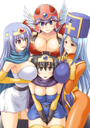 4girls abu armor belt bikini_armor black_hair blue_hair blue_hat blue_tabard blush bodysuit breast_rest breast_smother breast_suppress breasts breasts_on_head brown_eyes cape chunsoft circlet cleavage dragon_quest dragon_quest_iii elbow_gloves enix face_to_breasts girl_sandwich gloves harem hat head_wings helmet large_breasts latex latex_gloves long_hair mitre multiple_girls open_mouth priest_(dq3) purple_eyes purple_hair roto_(dq3) sage_(dq3) sandwiched short_hair smile soldier_(dq3) tabard thighhighs wings yuri zettai_ryouiki rating:Questionable score:79 user:danbooru