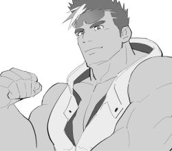  1boy bara bare_shoulders biceps character_request flexing greyscale highres kansuke_(kansuke_717) live_a_hero looking_at_viewer male_focus monochrome multicolored_hair muscular muscular_male pectoral_cleavage pectorals short_hair sideburns sleeveless solo streaked_hair sunglasses thick_eyebrows upper_body 