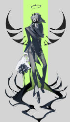  1boy arene_(arknights) arknights black_footwear black_gloves black_halo black_shirt black_veil bouquet collar commentary contrapposto detached_wings flower formal full_body gloves green_background green_eyes grey_background grey_footwear grey_hair grey_jacket grey_pants grey_suit hair_between_eyes half-closed_eyes halo hand_on_own_face highres holding holding_bouquet jacket kaifei_(kaifei_29) lapels layered_sleeves looking_at_viewer male_focus monk_shoes notched_lapels official_alternate_costume pants parted_lips shirt shoes short_hair simple_background single_glove sleeves_past_wrists smile smirk solo standing suit symbol-only_commentary thighlet two-tone_background veil waist_cape wings 