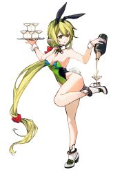  1girl 71pen absurdres animal_ears balancing_on_foot blonde_hair boots bottle breasts champagne_coupe champagne_tower cocktail_glass cup detached_collar drinking_glass elsword fake_animal_ears fake_tail flower full_body highres holding holding_bottle holding_tray leotard long_hair low-tied_long_hair medium_breasts playboy_bunny pouring rabbit_ears rabbit_tail rena_erindel solo tail tray very_long_hair white_flower 