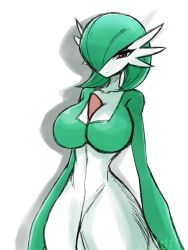  1girl arms_at_sides artist_name bob_cut breasts closed_mouth collarbone colored_skin cowboy_shot creatures_(company) expressionless female_focus game_freak gardevoir gen_3_pokemon green_hair green_skin hair_over_one_eye half-closed_eyes highres kirichiya_desune large_breasts looking_at_viewer multicolored_skin nintendo one_eye_covered pokemon pokemon_(creature) red_eyes short_hair signature simple_background sketch solo standing two-tone_skin white_background white_skin wide_hips  rating:Sensitive score:15 user:AngryZapdos