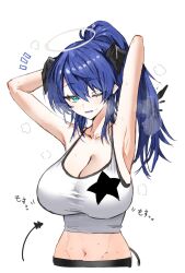  1girl adjusting_hair alternate_costume aqua_eyes arknights armpits arms_up bare_shoulders blue_hair breasts cleavage collarbone commentary_request demon_girl demon_horns demon_tail forward_facing_horns halo heavy_breathing highres horn/wood horns large_breasts mostima_(arknights) one_eye_closed ponytail smile solo tail tank_top upper_body white_tank_top  rating:Sensitive score:14 user:danbooru