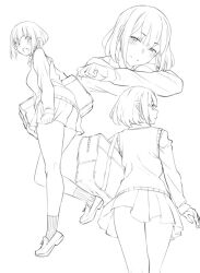  1girl bag blush covering_ass covering_privates crossed_arms fang from_behind full_body kneepits lineart loafers monochrome multiple_views original profile ryuuta_(msxtr) school_bag school_uniform shoes short_hair skin_fang smile socks sweater_vest upskirt 