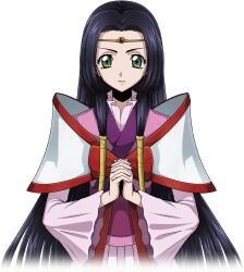  1girl artist_request black_hair bow closed_mouth code_geass code_geass:_lost_stories cropped_torso female_focus flat_chest game_cg gem green_eyes hair_intakes hair_tubes interlocked_fingers japanese_clothes jewelry kimono long_hair long_sleeves looking_at_viewer non-web_source obi official_art own_hands_clasped own_hands_together pink_kimono red_bow red_gemstone sash sidelocks simple_background solo standing straight-on sumeragi_kaguya transparent_background upper_body v-shaped_eyebrows very_long_hair wide_sleeves 