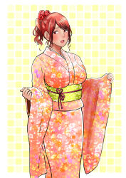  1girl blush breasts highres japanese_clothes kimono large_breasts lips looking_at_viewer medeo_i open_mouth original ponytail red_hair solo uncensored wavy_hair yukata 