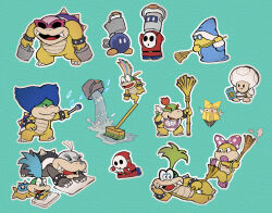  2girls 6+boys :d ^_^ aqua_background arms_up bamboo_broom bandana bangle black_eyes blonde_hair blue_hair blue_headwear blue_robe bob-omb bobby_(paper_mario) bow bowser_jr. bracelet broom buck_teeth bucket calculator claws closed_eyes commentary_request duster elbow_rest fang fangs feather_duster glasses green_hair hat head_rest holding holding_broom holding_bucket holding_duster holding_wand hood hood_up huey_(paper_mario) iggy_koopa jewelry kamek larry_koopa lemmy_koopa lips long_sleeves looking_at_another ludwig_von_koopa lying mario_(series) mask morton_koopa_jr. multicolored_hair multiple_boys multiple_girls nintendo olivia_(paper_mario) on_side opaque_glasses open_mouth outstretched_arm paper_mario paper_mario:_color_splash paper_mario:_the_origami_king pink-framed_eyewear pink_bow pink_hair pink_lips polka_dot polka_dot_bow puddle red_hair rinabee_(rinabele0120) robe round_eyewear roy_koopa shangri-spa_toad shy_guy simple_background smile spiked_bracelet spiked_shell spikes spill standing streaked_hair sunglasses sweeping teeth thick_lips toad_(mario) towel turtle_shell v-shaped_eyebrows wand water wendy_o._koopa white_bandana white_wings wings  rating:General score:2 user:danbooru