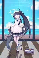  &lt;key&gt;_(robot)_(blue_archive) 1girl absurdly_long_hair absurdres apron aris_(blue_archive) aris_(maid)_(blue_archive) black_dress black_hair blue_archive blue_halo blush closed_eyes dress frilled_apron frilled_sleeves frills full_body halo highres indoors long_hair maid maid_apron maid_headdress official_alternate_costume okazakileo open_mouth pantyhose puffy_short_sleeves puffy_sleeves short_sleeves side_ponytail smile solo standing standing_on_one_leg very_long_hair white_apron white_pantyhose  rating:General score:1 user:danbooru