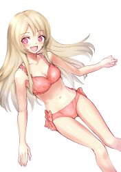 1girl aged_up akitakamika alternate_costume bikini blonde_hair blush breasts chaos_marie_(grimms_notes) cleavage grimms_notes hair_spread_out heart heart-shaped_pupils highres long_hair looking_to_the_side medium_breasts navel open_mouth pink_bikini ribbon_panties smile solo swimsuit symbol-shaped_pupils
