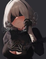  1girl 2b_(nier:automata) absurdres black_blindfold black_dress black_hairband blindfold blush breasts cleavage cleavage_cutout clothing_cutout commentary_request dio_nand dress grey_background grey_hair hairband hand_up heavy_breathing highres juliet_sleeves large_breasts long_sleeves nier:automata nier_(series) open_mouth parted_lips puffy_sleeves short_hair simple_background solo sweat upper_body  rating:Sensitive score:28 user:danbooru