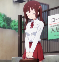 1girl bag blush breasts building closed_eyes closed_mouth dot_nose ebina_nana highres himouto!_umaru-chan holding holding_school_bag large_breasts long_hair long_sleeve_shirt outdoors red_hair school_bag school_uniform sign skirt smile solo standing stitched third-party_edit window 