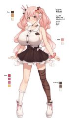  1girl character_age amano_roze breasts character_sheet chocolate doughnut food highres huge_breasts large_breasts original paintcan pink_hair skirt smile twintails yellow_eyes  rating:Safe score:26 user:SadSap