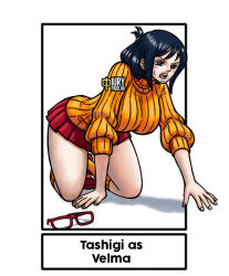  black_hair blue_hair breasts glasses iury_padilha kneeling large_breasts one_piece open_mouth red_skirt skirt tagme tashigi thighs velma_dace_dinkley wide_hips  rating:Questionable score:18 user:MarineCaptainKoby