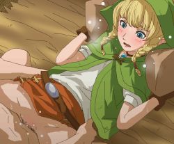  1girl belt blonde_hair blue_eyes blush bottomless braid brown_gloves capelet censored clothed_sex eyebrows_hidden_by_hair gloves green_capelet heavy_breathing hetero hood hyrule_warriors jaggy_lines jewelry linkle loli looking_down lying md5_mismatch missionary mosaic_censoring necklace nintendo oekaki on_back open_mouth pillow pointless_censoring pointy_ears pov sex short_hair solo_focus sweat the_legend_of_zelda tomu_(tomubobu) twin_braids vaginal  rating:Explicit score:211 user:danbooru