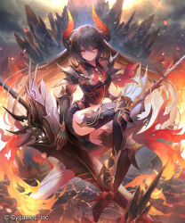  1girl armor armored_boots armored_dress black_armor black_gloves black_thighhighs boots breastplate breasts brown_hair crack cracked_floor dragon_girl dragon_horns elbow_gloves fire forte_(shingeki_no_bahamut) full_body gauntlets gloves hair_between_eyes holding holding_polearm holding_weapon horns lance large_breasts long_hair looking_at_viewer mikebosi miniskirt official_art pauldrons polearm red_eyes shadowverse shoulder_armor sitting skirt slit_pupils solo straight_hair thighhighs thighs vambraces very_long_hair watermark weapon  rating:Sensitive score:3 user:danbooru