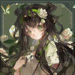  +_+ 1girl black_hair braided_hair_rings brown_eyes bug butterfly chinese_clothes cleavage_cutout closed_mouth clothing_cutout collar collared_shirt eyelashes floral_background flower flower-shaped_pupils flower_brooch green_background green_butterfly green_collar green_hairband green_pupils hair_flower hair_ornament hair_rings hairband high_collar insect layered_sleeves light_blush light_smile long_hair loose_hair_strand lotus original ribbon-trimmed_sleeves ribbon_trim rose sample_watermark shirt short_sleeves sidelocks simple_background solo source_request symbol-shaped_pupils tassel third-party_source twirling_hair upper_body very_long_hair watermark white_flower white_rose white_shirt white_sleeves xingye_shaxi 