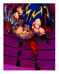 2boys boots company_connection crossover fat fat_man fatal_fury griffon_mask highres hiroaki_(kof) luchador male_focus garou:_mark_of_the_wolves mask multiple_boys muscular official_art raiden_(snk) snk spandex the_king_of_fighters upside-down wrestling wrestling_outfit wrestling_ring rating:Sensitive score:7 user:danbooru