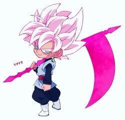  1boy black_pants black_shirt boots chibi dragon_ball dragon_ball_super earrings energy_blade from_behind goku_black grey_tunic highres holding holding_scythe holding_weapon jewelry komesan_0212 long_sleeves looking_at_viewer looking_back looking_to_the_side male_focus medium_hair over_shoulder pants pink_hair potara_earrings purple_eyes scythe shirt simple_background single_earring smug solo super_saiyan super_saiyan_rose weapon weapon_over_shoulder white_footwear 