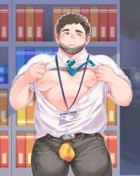  1boy averting_eyes bara bare_pectorals belly bulge collared_shirt covered_penis cowboy_shot fat highres id_card large_pectorals long_sideburns male_focus male_underwear mature_male necktie nipples office open_fly orange_male_underwear original osu_(osumankokuou) outline pectorals precum precum_through_clothes puffy_chest salaryman shirt shirt_tucked_in short_hair shy sideburns solo standing underwear undressing white_outline white_shirt 