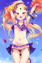 1girl :d abigail_williams_(fate) arms_up black_panties blonde_hair blue_skirt blue_sky blush cameltoe cheerleader cleft_of_venus clothes_lift cloud crop_top crossed_bandaids day fang fate/grand_order fate_(series) gluteal_fold groin high_ponytail holding loli long_hair looking_at_viewer navel open_mouth outdoors panties parted_bangs pleated_skirt pom_pom_(cheerleading) ponytail purple_footwear red_eyes sharp_teeth shoes side-tie_panties skirt skirt_lift sky smile solo suction_cups sweat teeth tentacles toraishi_666 underwear very_long_hair rating:Questionable score:76 user:danbooru