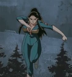  1girl animated animated_gif black_hair breasts cleavage giant_robo ginrei_(giant_robo) huge_breasts jumping jumpsuit long_hair long_sleeves lowres ponytail rocket_launcher solo tree weapon  rating:Sensitive score:17 user:ukfdjghjdjd