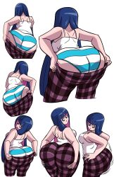  absurdres ass ass_focus axel-rosered back bent_over blue_hair blue_nails blunt_bangs breasts changing changing_clothes checkered_clothes checkered_pants colored_inner_hair cowboy_shot from_behind gluteal_fold highres huge_ass leaning_forward long_hair looking_back medium_breasts multicolored_hair multiple_views nail_polish nape pajamas panties panty_&amp;_stocking_with_garterbelt pantylines pink_hair shirt shoulder_blades sideboob simple_background sleeveless solo spaghetti_strap standing stocking_(psg) striped_clothes striped_panties tank_top thick_thighs thighs underwear white_background white_shirt wide_hips  rating:Questionable score:55 user:soulclawslol
