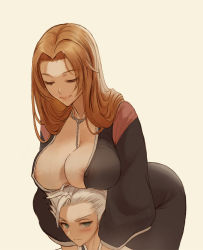 1boy 1girl areola_slip behind_another between_breasts black_kimono bleach blush breast_rest breasts breasts_on_head closed_eyes closed_mouth commentary covered_erect_nipples highres hitsugaya_toushirou japanese_clothes kimono leaning_forward long_sleeves looking_at_viewer matsumoto_rangiku mole mole_under_mouth no_bra orange_hair patreon_logo patreon_username simple_background watermark web_address white_hair wide_sleeves zefrableu rating:Questionable score:123 user:danbooru