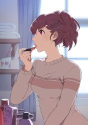  1girl ai-wa applying_makeup backlighting beige_sweater bloom brown_hair cosmetics cup curtains hair_ornament hair_strand hairpin has_bad_revision has_lossy_revision indoors lipstick lipstick_tube long_sleeves makeup nape open_mouth persona persona_3 persona_3_portable ponytail red_eyes shelf shiomi_kotone solo sweater toothbrush towel upper_body window x_hair_ornament  rating:Sensitive score:43 user:danbooru