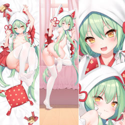 1girl :3 :d ;q akashi_(azur_lane) akashi_(white_cat&#039;s_repayment)_(azur_lane) animal_hood anus ass azur_lane bed bed_sheet blush chinese_commentary claw_pose closed_mouth commentary_request dakimakura_(medium) detached_sleeves eyes_visible_through_hair fang fang_out feet from_behind green_hair hair_between_eyes highres hood hood_up indoors loli long_hair looking_at_viewer looking_back lying multiple_views nipples nude official_alternate_costume on_back on_bed one_eye_closed open_mouth pillow portrait pussy short_sleeves smile soles thighhighs toes tongue tongue_out uncensored white_thighhighs wide_sleeves yellow_eyes yutian_alice rating:Explicit score:298 user:danbooru