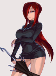 1girl bare_legs black_panties breast_hold breasts cross cross_necklace dress frown hair_over_one_eye impossible_clothes impossible_shirt inverted_cross jewelry krieg_(skullgirls) kuroino_(0kuro8ino6) large_breasts long_hair miniskirt necklace panties pantyshot parasoul_(skullgirls) red_eyes red_hair shirt short_dress skirt skullgirls solo turtleneck umbrella underwear upskirt weapon rating:Sensitive score:104 user:BlueBaroness