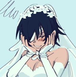  blush bridal_gauntlets bridal_veil chainsaw_man choker dress eyepatch flowers_in_hair hands_on_own_face highres himeno_(chainsaw_man) jewelry blue_background liowig long_glove ring simple_background smile veil wedding_dress wedding_headdress wedding_ring white_eyepatch  rating:General score:14 user:damnoranges