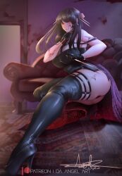  1girl artist_name ass black_dress black_hair black_thighhighs blood blurry blurry_background breasts couch da_angel_art dress floral_print full_body gloves heels highres knife large_breasts latex long_hair on_couch red_eyes rose_print serious sitting spy_x_family thighhighs thighs yor_briar 