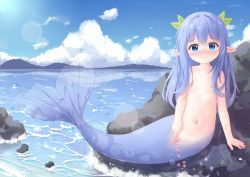1girl bare_shoulders blue_eyes blue_hair blue_sky blurry blush chabashira_ribbon cloud cloudy_sky collarbone commentary_request coral depth_of_field egg_laying female_focus flat_chest full_body hair_between_eyes hair_ornament highres loli long_hair looking_at_viewer mermaid monster_girl mountainous_horizon navel nipples nude ocean original outdoors pointy_ears pussy roe scenery sidelocks sky solo stomach sunlight rating:Explicit score:98 user:danbooru