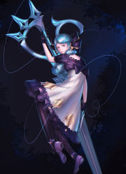 1girl absurdres black_bow black_dress black_gloves blue_background blue_eyes blue_hair bow chojja dress drill_hair frilled_dress frills gloves grey_dress gwen_(league_of_legends) hair_bow highres holding holding_scissors league_of_legends long_hair multicolored_background oversized_object pantyhose puffy_short_sleeves puffy_sleeves scissors shoes short_sleeves solo spade_(shape) striped_clothes striped_pantyhose twin_drills rating:Sensitive score:5 user:danbooru
