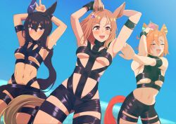  1girl admire_vega_(umamusume) alternate_breast_size alternate_costume animal_ears armpits arms_up black_gloves blue_sky blush breasts closed_eyes closed_mouth commentary_request covered_erect_nipples cowboy_shot crown ear_covers ear_ornament fingerless_gloves gloves hair_between_eyes highres horse_ears horse_girl hot_limit kumabachi315 long_hair looking_at_viewer medium_breasts midriff name_connection narita_top_road_(umamusume) navel one_eye_closed open_mouth orange_hair outdoors ponytail purple_eyes short_hair simple_background single_ear_cover sky smile solo t.m._opera_o_(umamusume) t.m.revolution tape tilted_headwear umamusume 