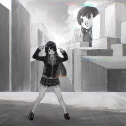  1girl 1other ambiguous_gender animegao be_be_be_be_(cevio) blazer bow bowtie building city cloud commentary_request cosplay day expressionless fingers_to_head giant glitch greyscale hands_up highres index_fingers_raised jacket kigurumi legs_apart loafers long_hair long_sleeves looking_at_viewer monochrome nazono_mito nijisanji open_mouth outdoors plaid plaid_skirt pleated_skirt popogano school_uniform shoes skirt smile standing sweater textless_version thighhighs tsukino_mito tsukino_mito_(1st_costume) virtual_youtuber 