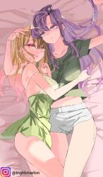  2girls absurdres bare_shoulders blonde_hair blue_eyes breasts clenched_hand collarbone commentary cowboy_shot crossover english_commentary green_nightgown green_shirt grey_eyes hair_between_eyes hand_on_another&#039;s_head heads_together highres hug instagram_logo instagram_username kitagawa_marin komi-san_wa_komyushou_desu komi_shouko legs long_hair looking_at_viewer lying medium_breasts midriff multiple_girls nightgown on_back on_side orange_eyes parted_hair parted_lips purple_hair red_lips shirt short_shorts short_sleeves shorts sono_bisque_doll_wa_koi_wo_suru strap_slip swept_bangs thigh_gap thighs third-party_source tngkbmarlon white_shorts yuri 