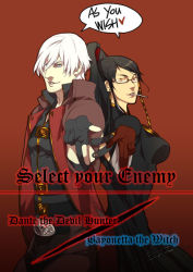 00s 1boy 1girl amulet back-to-back bayonetta bayonetta_(series) bayonetta_1 belt black_hair blue_eyes bodysuit candy capcom chain coat creator_connection crossover dante_(devil_may_cry) devil_may_cry_(series) earrings elbow_gloves english_text engrish_text facial_hair fingerless_gloves food glasses gloves hair_bun hair_ribbon hard-translated hiryuu jewelry lollipop long_hair outstretched_hand ranguage red_ribbon ribbon short_hair simple_background single_hair_bun speech_bubble stubble text_focus third-party_edit translated trench_coat very_long_hair white_hair yellow_eyes rating:Questionable score:18 user:salarta