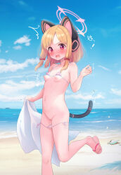  1girl absurdres animal_ear_headphones animal_ears bare_arms bare_legs bare_shoulders beach bikini bikini_bottom_pull bikini_top_lift blonde_hair blue_archive blush bow breasts cat_tail cleft_of_venus clothes_lift day fake_animal_ears fubuki_rinne hair_bow headphones highres loli looking_at_viewer momoi_(blue_archive) nipples ocean open_mouth outdoors pussy red_bow red_eyes short_hair small_breasts solo striped_bikini striped_clothes swimsuit tail wardrobe_malfunction  rating:Explicit score:60 user:danbooru